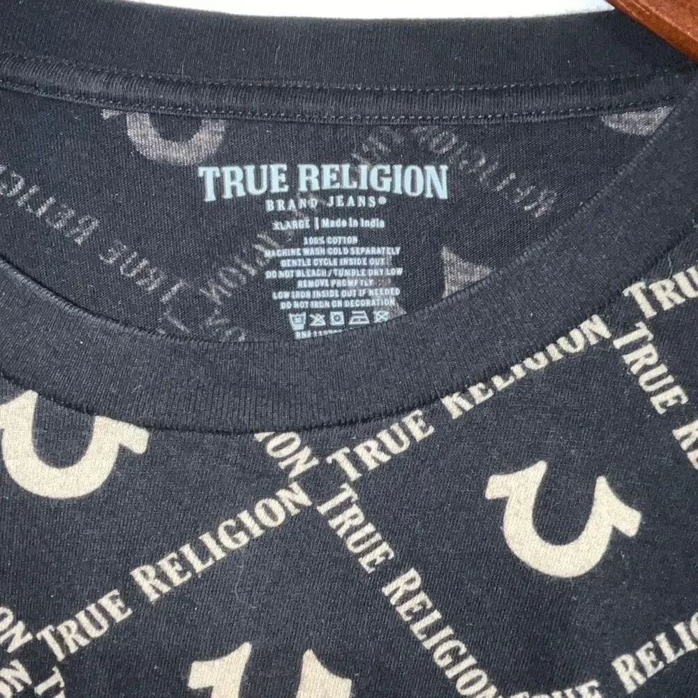 True Religion Mens Black Cream Monogram Crew Neck Cotton Short Sleeve T-Shirt XL
